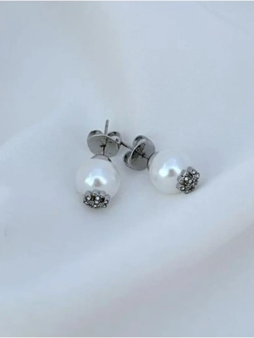 Tory Burch White Pearl Stud Earrings with Silver Crystal Caps